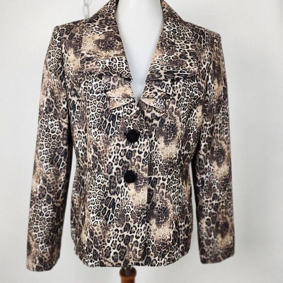 Le Suit Brown Leopard Cheetah Animal Print Cascade Collar Blazer Womens sz 10 - Picture 1 of 8
